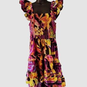 Truth NYC L Hi Low Dress Black Yellow Floral Smock Ruffled Boho Bold Statement